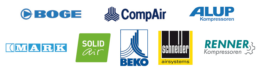 Logos unserer Kompressoren-Partner: Boge Kompressoren, Solid Air Kompressoren, CompAirKompressoren, Alup Kompressoren, Mark Kompressoren, Beko Kompressoren, Schneider Airsystems, Renner Kompressoren